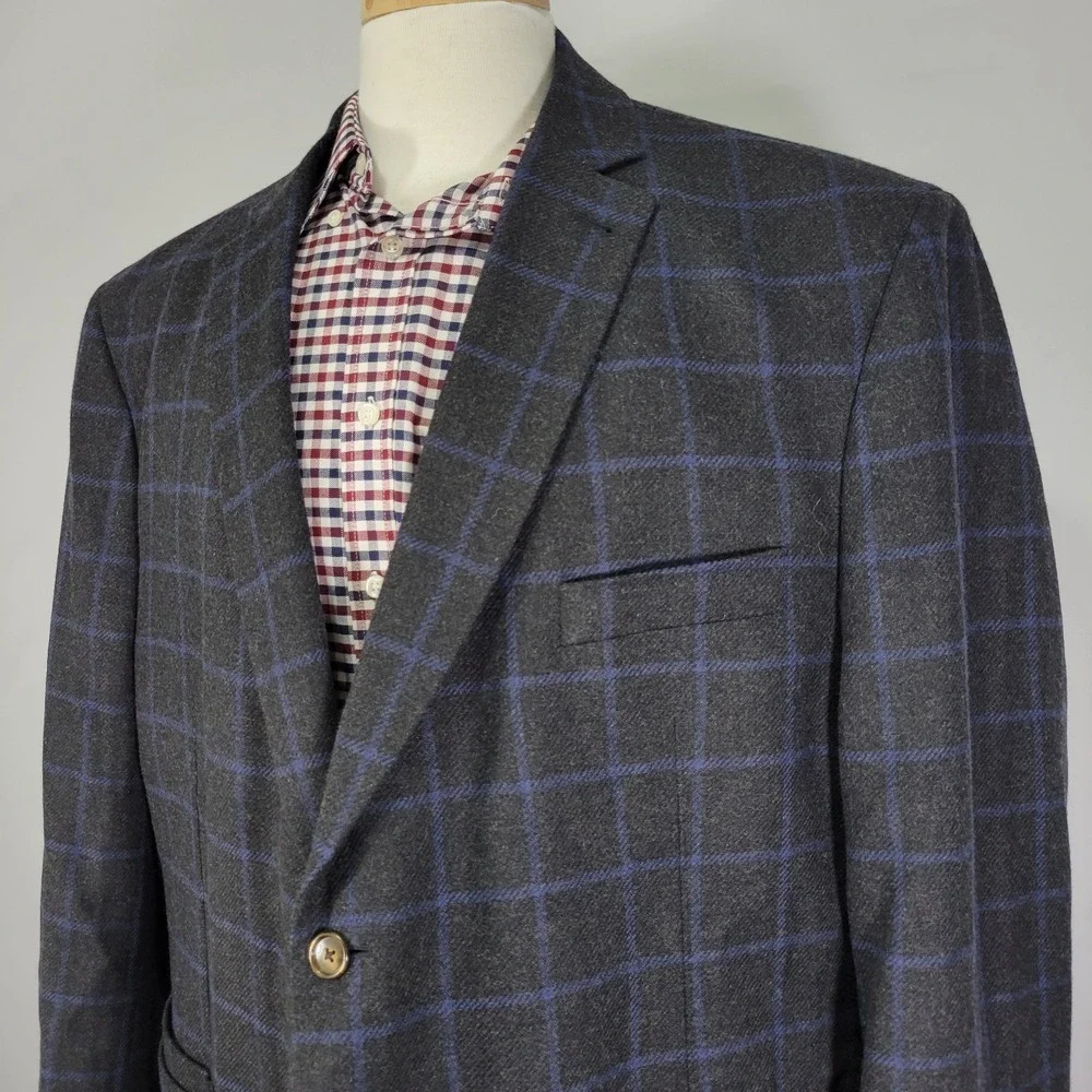 Westport Men's Sport Coat Blazer Two Button Flannel Charcaol Blue Plaid Wool 52R